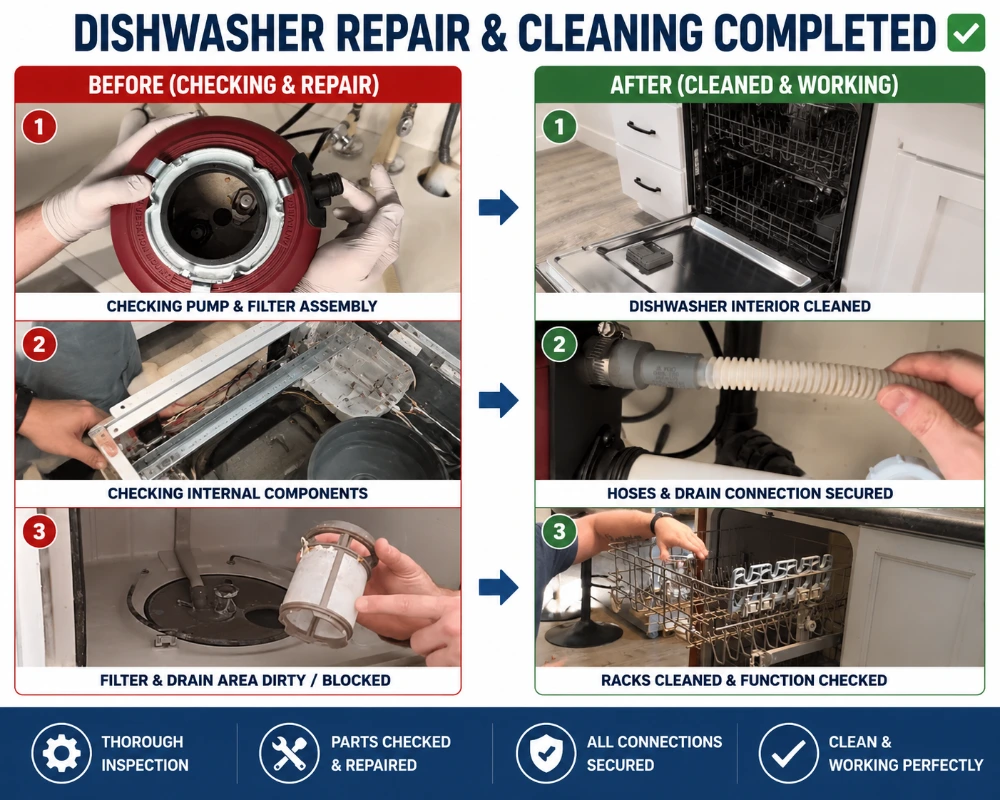 Before and after dishwasher repair in Abilene, TX – dishwasher cleaned, repaired, and restored to proper performance.