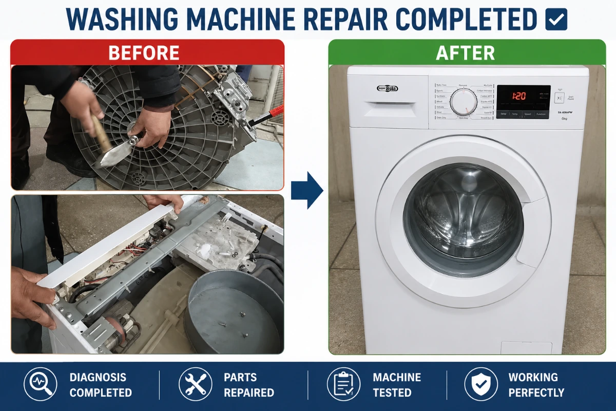 Before and after front load washing machine leak repair in Abilene, TX – washer repaired, tested, and working properly.