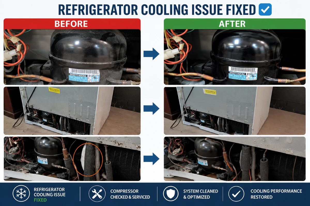 Before and after refrigerator cooling repair in Abilene, TX – compressor and cooling system restored by certified technicians.